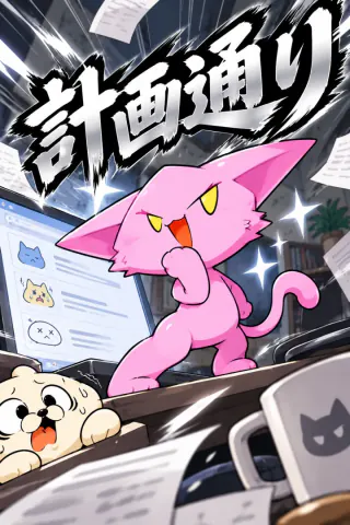 R「計画通り」の札の絵